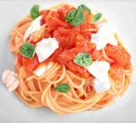 blurry cheese close-up depth_of_field food from_above leaf no_humans pasta photorealistic plate spaghetti still_life tomato usatan_(artist) rating:Safe score:0 user:danbooru