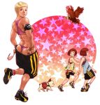 3girls armband ass back bike_shorts bird blonde_hair bracelet brown_hair chicken dog grin highres jewelry multiple_girls muscle original panties red_eyes rooster shoes short_hair shorts shorts_pull smile sneakers sports_bra sunglasses_removed underwear vigwer wink rating:Questionable score:2 user:danbooru