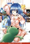 1girl blue_eyes blue_hair blush cat frog highres kanon keropi long_hair minase_nayuki open_mouth pajamas solo tears wink yawning rating:Safe score:0 user:Ink20