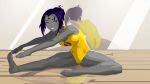 1girl alternate_costume ass barefoot bob_cut breasts dc_comics exercise forehead_jewel grey_skin highres lady_legasus large_breasts leaning_forward leotard mirror mirror_image morganagod purple_hair raven_(dc) short_hair soles solo stretch sweat teen_titans teen_titans_go! toes wince rating:Safe score:2 user:danbooru