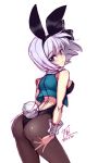 1girl alternate_costume animal_ears ass black_legwear blue_eyes blush bunny_girl bunny_tail bunnysuit hairband konpaku_youmu looking_at_viewer pantyhose rabbit_ears rough short_hair silver_hair simple_background solo tail touhou touya_(the-moon) white_background wrist_cuffs rating:Safe score:5 user:danbooru