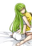 1girl ass barefoot boyshorts c.c. cheese-kun code_geass green_hair long_hair s_hida sitting sports_bra wariza yellow_eyes rating:Safe score:3 user:danbooru