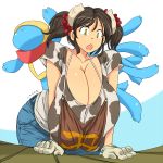 1girl :o breast_squeeze breasts brown_hair cleavage cow_horns cow_print denim gigantic_breasts gloves hataraki_ari horns jeans leaning_forward open_mouth original short_hair simple_background twintails white_background yellow_eyes rating:Safe score:1 user:danbooru