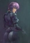 1girl artist_name ass bodysuit dated ghost_in_the_shell highres kusanagi_motoko looking_at_viewer looking_back purple_hair red_eyes short_hair signature skin_tight socha_(pixiv99744) solo rating:Safe score:3 user:danbooru