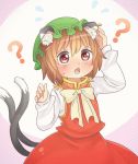 1girl ? animal_ears blush bow brown_eyes brown_hair cat_ears cat_tail chen chestnut_mouth dress ear_piercing ibarashiro_natou jewelry mob_cap multiple_tails open_mouth piercing red_dress shirt single_earring solo tail touhou rating:Safe score:3 user:danbooru