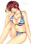 1girl anchor_symbol bikini blue_bikini blush bottle breast_press breasts cleavage drink earrings green_eyes hair_between_eyes head_tilt highres holding jewelry knee_to_chest large_breasts lips looking_at_viewer lotion namaiki! navel necklace pendant redhead scan short_hair sideboob sitting smile solo striped striped_bikini striped_swimsuit sunscreen swimsuit text white_bikini white_swimsuit yu_(bkks) rating:Safe score:0 user:danbooru