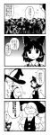 2girls 4koma ascot ban_paku_(arazio) bow braid comic detached_sleeves emphasis_lines forest hair_bow hair_tubes hakurei_reimu hands_on_hips hat highres izayoi_sakuya kirisame_marisa long_hair monochrome multiple_girls nature ribbon short_hair touhou translation_request witch_hat rating:Safe score:0 user:danbooru