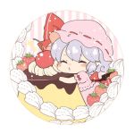 1girl badge blue_hair blush_stickers button_badge cherry chibi closed_eyes dress food fruit hat hat_ribbon maru_usagi minigirl mob_cap object_hug pink_dress pudding puffy_short_sleeves puffy_sleeves remilia_scarlet ribbon short_sleeves silver_hair solo strawberry touhou whipped_cream rating:Safe score:0 user:Anonymous