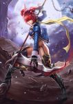 1girl boots breasts chain clouds dantewontdie garter_straps gloves hair_ornament highres jacket looking_at_viewer moon onozuka_komachi open_clothes open_jacket red_eyes redhead scythe short_hair solo thigh-highs touhou twintails under_boob rating:Safe score:1 user:danbooru
