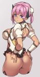 1girl ass back_cutout blue_eyes breasts bun_cover cowboy_shot detached_sleeves double_bun from_behind grey_background hands_on_ass horns houtengeki looking_at_viewer original pink_hair pointy_ears short_hair short_sleeves solo rating:Questionable score:1 user:danbooru