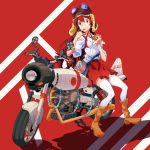 1girl :q akagi_(kantai_collection) boots brown_eyes brown_hair food goggles goggles_on_head hamburger holding kantai_collection long_hair looking_at_viewer motor_vehicle motorcycle pleated_skirt rinta_(reyte) sitting_on_object skirt smile solo thigh-highs tongue tongue_out vehicle white_legwear zettai_ryouiki rating:Safe score:1 user:danbooru