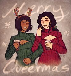 2girls alternate_hair_length alternate_hairstyle asami_sato avatar_legends black_hair breasts brown_hair christmas cleavage cleavage_cutout commentary cup dark_skin eyeshadow fake_antlers iahfy korra laughing lipstick locked_arms long_hair low_ponytail makeup merry_christmas multiple_girls open-chest_sweater ribbed_sweater short_hair sweater the_legend_of_korra turtleneck rating:Safe score:3 user:danbooru