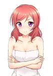  1girl 3:< absurdres blush breasts cleavage collarbone crossed_arms highres looking_at_viewer love_live!_school_idol_project naked_towel nishikino_maki redhead satoharu simple_background solo towel violet_eyes white_background  rating:safe score: user:danbooru