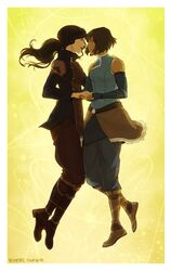 2girls asami_sato avatar_legends bare_shoulders blue_eyes boots couple dark_skin elbow_gloves eye_contact fingerless_gloves floating full_body gloves green_eyes highres holding_hands hug korra lipstick long_hair looking_at_another makeup multiple_girls nymre ponytail short_hair sleeveless smile the_legend_of_korra toned waist_hug yuri rating:Safe score:2 user:danbooru