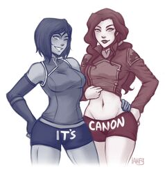 2girls ;) alternate_hair_length alternate_hairstyle asami_sato avatar_legends bare_shoulders bob_cut breasts couple cowboy_shot crop_top cropped_legs dark_skin elbow_gloves fingerless_gloves gloves greyscale hand_on_hip iahfy korra lips lipstick long_hair makeup monochrome mound_of_venus multiple_girls navel one_eye_closed photo_reference ponytail shirt_lift short_hair short_shorts shorts sleeveless smile spoilers taut_clothes the_legend_of_korra toned yuri rating:Safe score:5 user:danbooru
