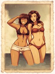 2girls ;) alternate_hair_length alternate_hairstyle arm_around_shoulder arms_behind_back asami_sato avatar_legends bikini breasts cleavage couple dark_skin grin iahfy korra long_hair multiple_girls ocean one_eye_closed picture_(object) salute sepia short_hair short_shorts shorts smile swimsuit the_legend_of_korra wading yuri rating:Safe score:10 user:danbooru