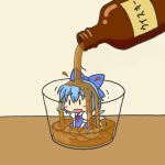 barefoot blue_hair blush blush_stickers bow chibi cirno cup girl_in_a_cup in_container in_cup kakushiaji kneeling minigirl ribbon short_hair touhou translated whiskey wings |_| rating:Safe score:0 user:Gelbooru