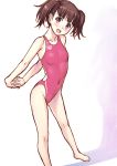 1girl absurdres arena_(company) brown_hair competition_swimsuit highres kuri_(kurigohan) long_hair one-piece_swimsuit original red_eyes standing stretch swimsuit twintails rating:Safe score:8 user:danbooru