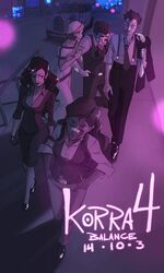 2boys 3girls alternate_costume arm_grab asami_sato avatar_legends bandages black_eye bolin car closed_eyes commentary dated dress formal grin hands_in_pockets highres injury jacket_over_shoulder korra long_hair loose_necktie mako_(avatar) motor_vehicle multiple_boys multiple_girls necktie night opal_bei_fong purple smile suspenders the_legend_of_korra vehicle vest william_ruzicka rating:Safe score:0 user:danbooru