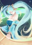  1girl artist_name blue_dress blue_hair breasts cleavage dress female instrument large_breasts league_of_legends long_hair long_sleeves multicolored_hair nanoless solo sona_buvelle twintails  rating:safe score: user:emhps