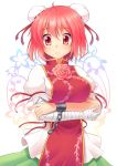  1girl bandaged_arm bandages chinese_clothes crossed_arms cuffs double_bun flower green_skirt highres ibaraki_kasen looking_at_viewer pink_eyes pink_hair pink_rose puffy_sleeves rose shirt short_hair skirt solo tabard tappei thorns touhou white_shirt  rating:safe score: user:danbooru