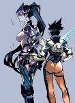 2girls ass ass_grab back bodysuit hattori_masahiko head_mounted_display long_hair multiple_girls overwatch ponytail purple_hair purple_skin short_hair tracer_(overwatch) very_long_hair widowmaker_(overwatch) rating:Safe score:0 user:danbooru