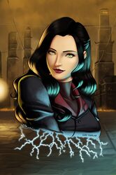 1girl asami_sato avatar:_the_last_airbender breasts brown_hair eyeshadow green_eyes highres iury_padilha lightning lipstick long_hair makeup smile solo the_legend_of_korra rating:Safe score:0 user:danbooru
