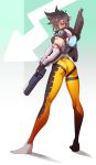 1girl arrow ass brown_hair gun handgun highres looking_at_viewer looking_back overwatch pants pistol short_hair solo tight tight_pants tomoyuki_kotani tracer_(overwatch) weapon rating:Safe score:4 user:danbooru