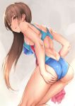 1girl adjusting_clothes adjusting_swimsuit ass back bent_over brown_hair competition_swimsuit cowboy_shot from_behind holding idolmaster idolmaster_cinderella_girls long_hair looking_at_viewer looking_back nitta_minami one-piece_swimsuit open_mouth parfaitlate shiny shiny_skin smile swimsuit towel wet yellow_eyes rating:Safe score:4 user:danbooru