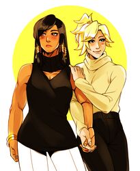 2girls black_hair blonde_hair blue_eyes blush bracelet brown_eyes casual collarbone dark_skin eyebrows eyebrows_visible_through_hair hair_tubes hand_on_another's_shoulder highres holding_hands interlocked_fingers interracial jewelry lips long_hair makeup mascara mercy_(overwatch) multiple_girls overwatch pants pharah_(overwatch) scarf short_ponytail sleeveless smile sweatdrop sweater toned turtleneck xuunies yuri rating:Safe score:2 user:danbooru