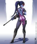 1girl ass back body_writing bodysuit center_opening contrapposto from_behind full_body gauntlets gloves gun helmet highres holding holding_gun holding_weapon holster long_hair mleth overwatch ponytail purple_hair purple_skin rifle shadow short_sleeves skin_tight sniper_rifle solo spider_print tattoo thigh_holster thigh_strap visor watermark weapon web_address widowmaker_(overwatch) rating:Safe score:5 user:danbooru