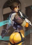 1girl ass blowing bodysuit bomber_jacket breasts brown_eyes brown_hair ear_studs earrings goggles gun handgun jacket jewelry karl_liversidge lips looking_at_viewer looking_back nose overwatch parted_lips short_hair skin_tight smile smoke smoking_gun solo spiky_hair tracer_(overwatch) union_jack watermark weapon web_address rating:Safe score:0 user:danbooru