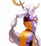 1girl armlet ass back bandages belt blue_skin blush bracelet breasts character_name closed_mouth cowboy_shot english from_behind highres horn jewelry league_of_legends long_hair looking_at_viewer looking_back onekokun pointy_ears ponytail purple_skin sideboob simple_background smile solo soraka staff standing tattoo very_long_hair white_background white_hair wrist_wraps yellow_eyes rating:Safe score:3 user:danbooru