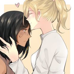 2girls bangs black_hair blonde_hair blush braid brown_eyes closed_eyes eye_of_horus eyebrows eyebrows_visible_through_hair facial_mark facial_tattoo hair_tubes heart lifeaini mercy_(overwatch) multiple_girls overwatch pharah_(overwatch) ponytail shirt short_hair side_braids sleeveless sleeveless_shirt tattoo twin_braids upper_body white_shirt yuri rating:Safe score:0 user:danbooru