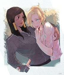 2girls arm_around_shoulder artist_request black_hair blonde_hair casual dark_skin looking_at_viewer mercy_(overwatch) multiple_girls overwatch pharah_(overwatch) yuri rating:Safe score:0 user:danbooru