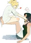 2girls arms_at_sides barefoot black_hair black_shirt blonde_hair blush braid brown_hair closed_eyes embarrassed hair_ornament hair_tie hair_tubes hands_on_another's_cheeks hands_on_another's_face heart highres indian_style looking_at_another mercy_(overwatch) multiple_girls overwatch pharah_(overwatch) shirt shirt_only short_sleeves shorts side_braids sidelocks signature simple_background sitting sleeveless sleeveless_shirt sleeves_pushed_up smile spoken_heart tank_top white_shirt yuri rating:Safe score:1 user:danbooru