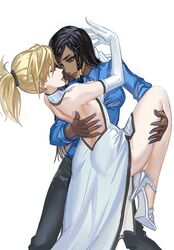 2girls ass back bangs black_hair black_pants blonde_hair blue_eyes blue_nails blue_shirt braid breasts brown_eyes brown_lipstick closed_mouth collared_shirt cowboy_shot dark_skin dress elbow_gloves fingernails gloves hair_ornament hair_tie hair_tubes hand_on_another's_back hand_on_another's_head hand_on_another's_leg hand_on_another's_neck high_heels leg_up lips lipstick long_sleeves looking_at_another makeup medium_breasts mercy_(overwatch) multiple_girls nail_polish open-back_dress open_back overwatch pants parted_lips pharah_(overwatch) pink_lips pink_lipstick ponytail shirt shoes short_hair side_braids side_slit sidelocks simple_background sleeveless sleeveless_dress streamingsun swept_bangs turtleneck white_background white_dress white_gloves white_shoes wing_collar yuri rating:Safe score:3 user:danbooru