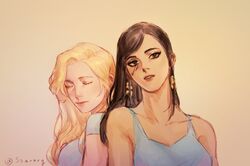 2girls bangs black_hair blonde_hair braid breasts brown_eyes closed_eyes closed_mouth dark_skin eye_of_horus eyeliner face facial_mark facial_tattoo hair_tubes long_hair looking_at_viewer makeup mercy_(overwatch) multiple_girls open_mouth overwatch pharah_(overwatch) ponytail shirt short_sleeves side_braids sleeveless sleeveless_shirt tattoo twitter_username upper_body yuri rating:Safe score:0 user:danbooru