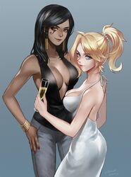 2girls black_hair blonde_hair breasts center_opening cleavage cup dark_skin dress drinking_glass facial_tattoo formal looking_at_viewer mercy_(overwatch) momori multiple_girls overwatch pharah_(overwatch) smile tattoo white_dress wine_glass yuri rating:Safe score:2 user:danbooru