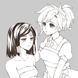 2girls apron atobesakunolove bandages bandaid bandaid_on_forehead bangs bare_shoulders blush braid breasts buttons closed_mouth collarbone collared_shirt dress eye_of_horus facial_mark facial_tattoo frilled_apron frills grey_background hair_tubes hand_on_another's_head hand_up maid_apron mercy_(overwatch) monochrome multiple_girls overwatch parted_lips pharah_(overwatch) ponytail puffy_short_sleeves puffy_sleeves sarashi shirt short_hair short_sleeves side_braid simple_background skirt skirt_set spot_color swept_bangs tattoo wing_collar yuri rating:Safe score:0 user:danbooru