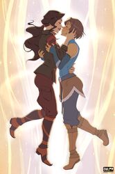 2girls asami_sato avatar_legends black_hair blush boots brown_hair closed_eyes couple dark_skin elbow_gloves floating gloves hand_on_another's_face highres incipient_kiss korra lipstick makeup multiple_girls owler pelt ponytail smile the_legend_of_korra wavy_hair yuri rating:Safe score:0 user:danbooru
