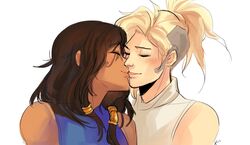 2girls bare_shoulders black_hair blonde_hair closed_eyes commentary dark_skin eye_of_horus facial_tattoo hair_tubes kiss long_hair mercy_(overwatch) multiple_girls nox_(pepperoni) overwatch pharah_(overwatch) sleeveless smile tattoo yuri rating:Safe score:1 user:danbooru