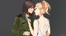 2girls alternate_costume black_hair blonde_hair blue_eyes brown_eyes chibiko dark_skin dress earrings eye_of_horus facial_mark facial_tattoo grey_background hair_tubes hand_on_another's_hip hat headwear_removed high_ponytail highres holding holding_hat jewelry looking_at_another mercy_(overwatch) military military_hat military_uniform multiple_girls necktie necktie_grab neckwear_grab open-back_dress overwatch parted_lips peaked_cap pharah_(overwatch) ponytail shoulder_blades side_braids smile tattoo twitter_username uniform upper_body wallpaper watermark web_address white_dress yuri rating:Safe score:0 user:danbooru