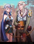  1boy 1girl archer armor blonde_hair bow cape cowboy_shot elf fantasy keitronic looking_back lucasflicky standing tagme  rating:safe score: user:lucasflicky