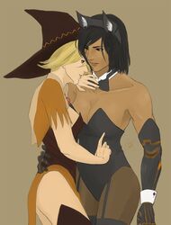 2dshepard 2girls animal_ears arm_around_waist bare_shoulders black_gloves black_hair blonde_hair blue_eyes bow bowtie breasts brown_eyes bunnysuit cat_ears cleavage collarbone dark_skin detached_collar dress elbow_gloves fake_animal_ears garter_straps gloves halloween halloween_costume hat highleg lips medium_breasts mercy_(overwatch) multiple_girls overwatch pantyhose pharah_(overwatch) thigh-highs witch_hat witch_mercy yuri rating:Safe score:2 user:danbooru