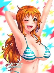 1girl ;d bangs bikini bikini_top blush breasts brown_eyes burbur cleavage collarbone large_breasts long_hair looking_at_viewer nami_(one_piece) one_eye_closed one_piece open_mouth redhead smile solo swimsuit tattoo rating:Safe score:0 user:danbooru