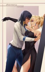2girls black_dress black_hair blonde_hair dark_skin dress elbow_gloves formal gloves iceky mercy_(overwatch) multiple_girls overwatch pharah_(overwatch) yuri rating:Safe score:3 user:danbooru