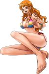1girl bare_legs bare_shoulders barefoot bikini bracelet breasts brown_eyes cleavage earrings eyelashes feet female full_body jewelry knee_up large_breasts legs long_hair multicolored multicolored_bikini multicolored_swimsuit nami_(one_piece) necklace one_piece open_mouth orange_hair side-tie_bikini simple_background sitting smile solo swimsuit tattoo toes transparent_background undressing upper_teeth rating:Safe score:2 user:gelbooru