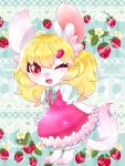  1girl aije blonde_hair dress female flower full_body furry long_hair mouse one_eye_closed open_mouth plant red_eyes solo  rating:safe score: user:gelbooru