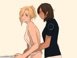 2girls absurdres apron asymmetrical_hair black_hair blonde_hair blue_eyes blush closed_eyes cooking dark_skin hickey highres holding hug incipient_kiss jewelry kiss_mark knife looking_back mercy_(overwatch) multiple_girls naked_apron overwatch pharah_(overwatch) ponytail shirt short_hair simple_background smile yuri rating:Safe score:1 user:gelbooru